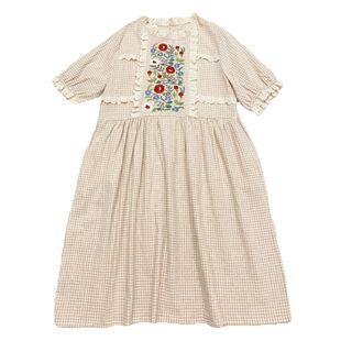 Puff-sleeve Flower Embroidered Plaid Midi A-line Dress Off-white - One Size