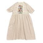 Puff-sleeve Flower Embroidered Plaid Midi A-line Dress Off-white - One Size