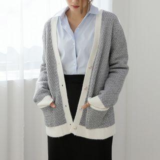 Piped Button-detail Waffle-knit Cardigan