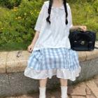 Short-sleeve Blouse / Check Frill Trim Midi A-line Skirt