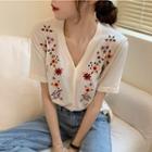 Short Sleeve Embroidered Buttoned Top
