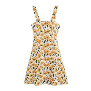 Floral Print Wide Strap Midi A-line Dress