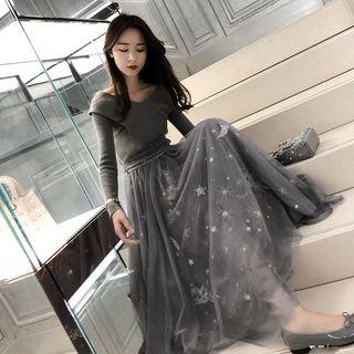 Set: Off-shoulder Long-sleeve Knit Top + Midi Mesh Skirt
