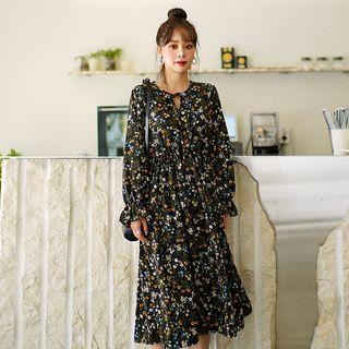 Tie-neck Floral Long Flare Dress