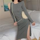 Cold-shoulder Slit Midi Knit Dress
