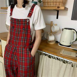 Plain Short-sleeve T-shirt / Plaid Jumper Pants
