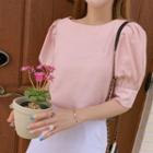 Round-neck Puff-sleeve Top Light Pink - One Size