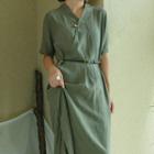 Elbow-sleeve V-neck Midi A-line Dress Green - One Size