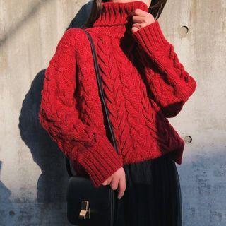 High-neck Linen Flower Sweater