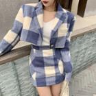 Cropped One-button Plaid Jacket / Mini Pencil Skirt