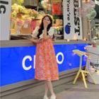 Spaghetti-strap Floral A-line Dress / Puff-sleeve Blouse