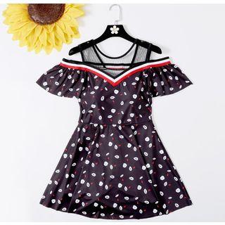 Short-sleeve Cold Shoulder Mesh Paneled Patterned Swimdress