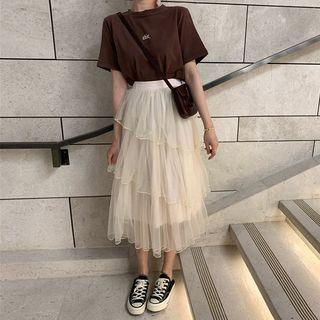Short-sleeved T-shirt / Layered Mesh Skirt / Layered Dotted Skirt