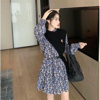 Crewneck Cape / Floral Long-sleeve Dress