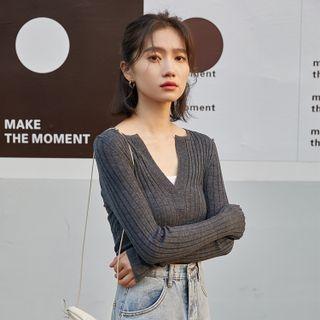 Ribbed Knit Open-placket Sweater
