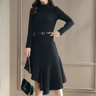 Ruffle Hem Mock-neck Long-sleeve Knit Dress