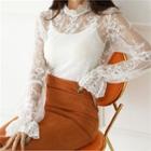 Mock-neck Mesh Lace Top White - One Size