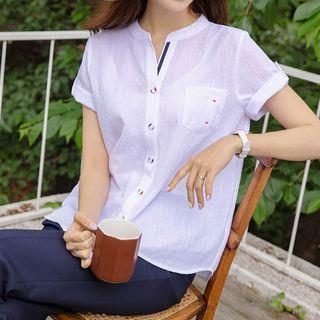 Button-back Stripe-trim Shirt