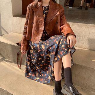 Faux-leather Jacket / Flower Print Long-sleeve Dress