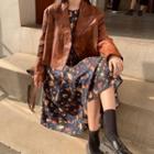 Faux-leather Jacket / Flower Print Long-sleeve Dress