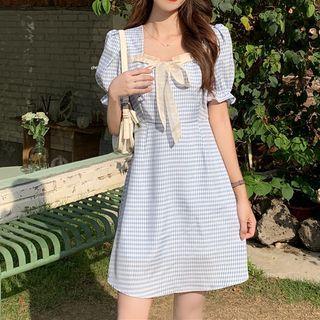 Puff-sleeve Ribbon Plaid A-line Dress
