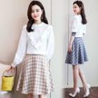 Set: Long-sleeve Ruffle Trim Top + Mini A-line Plaid Skirt