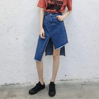 Asymmetric Hem Denim Pencil Skirt