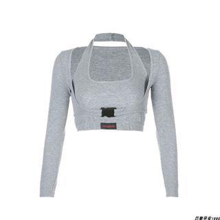 Set: Halter-neck Camisole Top + Buckled Long-sleeve Cropped T-shirt