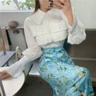 Shirred Long-sleeve Blouse / Flower Print Velvet Midi Skirt