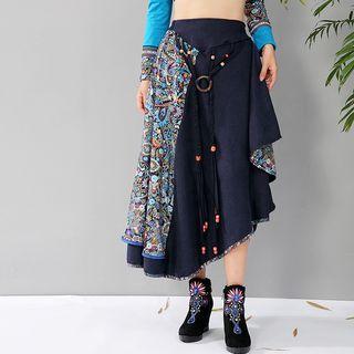 Print Panel Asymmetrical A-line Midi Skirt