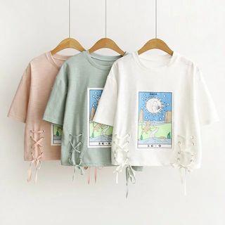 Print Lace Up Short-sleeve T-shirt