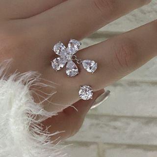 Flower Rhinestone Open Ring Jz1013 - Silver - One Size