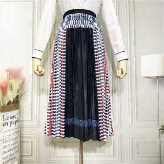Patterned Accordion Pleat Midi A-line Skirt