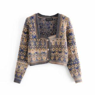 Long Sleeve Square-neck Floral Print Crop Cardigan