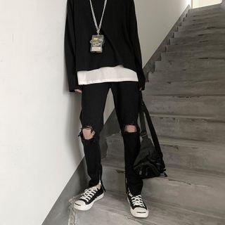 Zip-hem Distressed Straight Leg Jeans