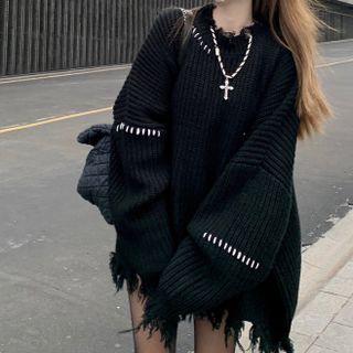 Distressed Oversized Sweater Padded Edition - Black - One Size