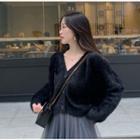 V-neck Furry Button Jacket / Mesh A-line Skirt