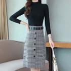 Set: Mock-turtleneck Knit Top + Plaid Straight-fit Skirt