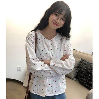Heart Print Balloon-sleeve Blouse White - One Size