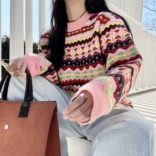 Round Neck Pattern Sweater Pink & Red - One Size