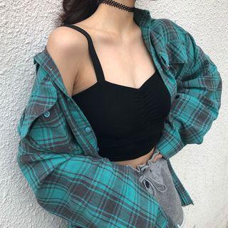 Long Sleeve Plaid Shirt Green - One Size