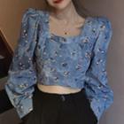 Cropped Floral Denim Blouse As Shown In Figure - One Size