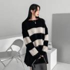 Drop-shoulder Fluffy Stripe Sweater