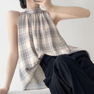 Sleeveless Mock-neck Plaid Blouse