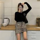 Leopard Print Mini Fitted Skirt / Plain Cardigan