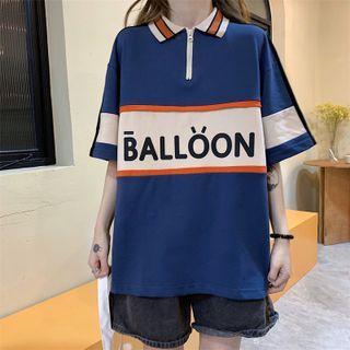 Short-sleeve Half-zip Lettering Print Polo Shirt