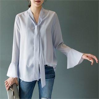 Tie-neck Ruffle-cuff Chiffon Blouse