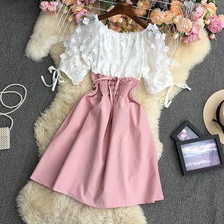 Short-sleeve Flower Detail Lace Up Mini A-line Dress