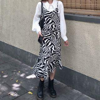 Zebra Strappy Midi A-line Dress / Plain Shirt