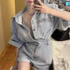 Elbow-sleeve Denim Cargo Romper Light Blue - One Size